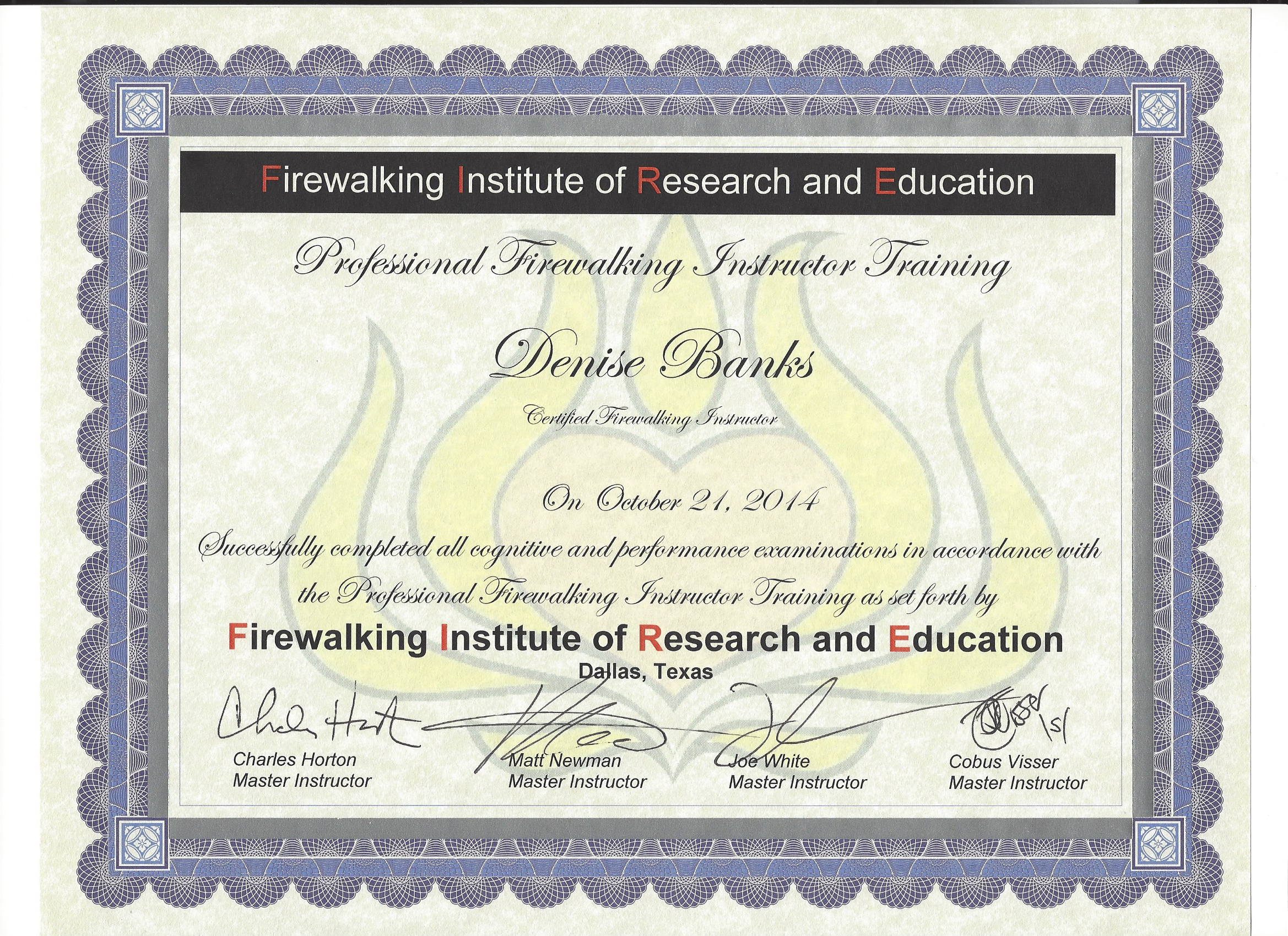Denise Banks - Professional Firewalking Instructor Certificate